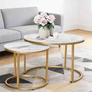 Coffee Table Nesting White Set Of 2 Side Set Golden Frame Circular And Marble Pattern Wooden Tables, Living Room Bedroom Apartment Modern Industrial Simple Nightstand
