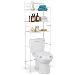 Bathroom storage rack above the toilet, with three shelves and adjustable legs, freestanding steel frame design, white