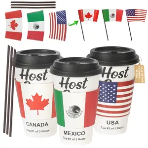 16 oz Disposable Paper Host Cup Sets (120 Sets) with Lids, Straws & CheerSleeves - World Soccer Tournament Hosts Canada-Mexico-USA Flag Themed Fan Party Decorations