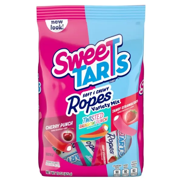 Soft and Chewy Halal-Certified Rope Candy Snack Bites, Sour-Sweet Variety Mix - Cherry Punch, Twisted Rainbow Punch, Tangy Strawberry - 15oz Bag