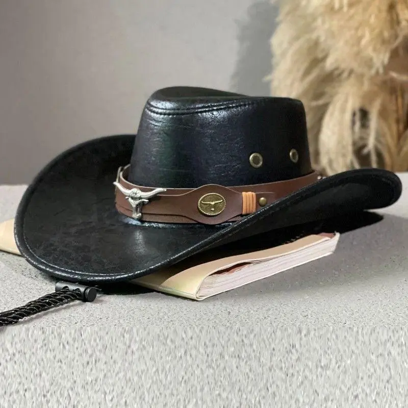 Unisex Adjustable Western Cowboy Hat - Cracked Cow Head Vintage Design, Concave Top, Black Interior, Decorative Strap, Ideal for Outdoor Travel Activities