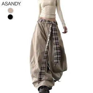 ASANDY Black Oversized Wide-Leg Pants| Plaid Tie Waist Trousers| Y2K Grunge Aesthetic| Hide Hips & Casual Streetwear
