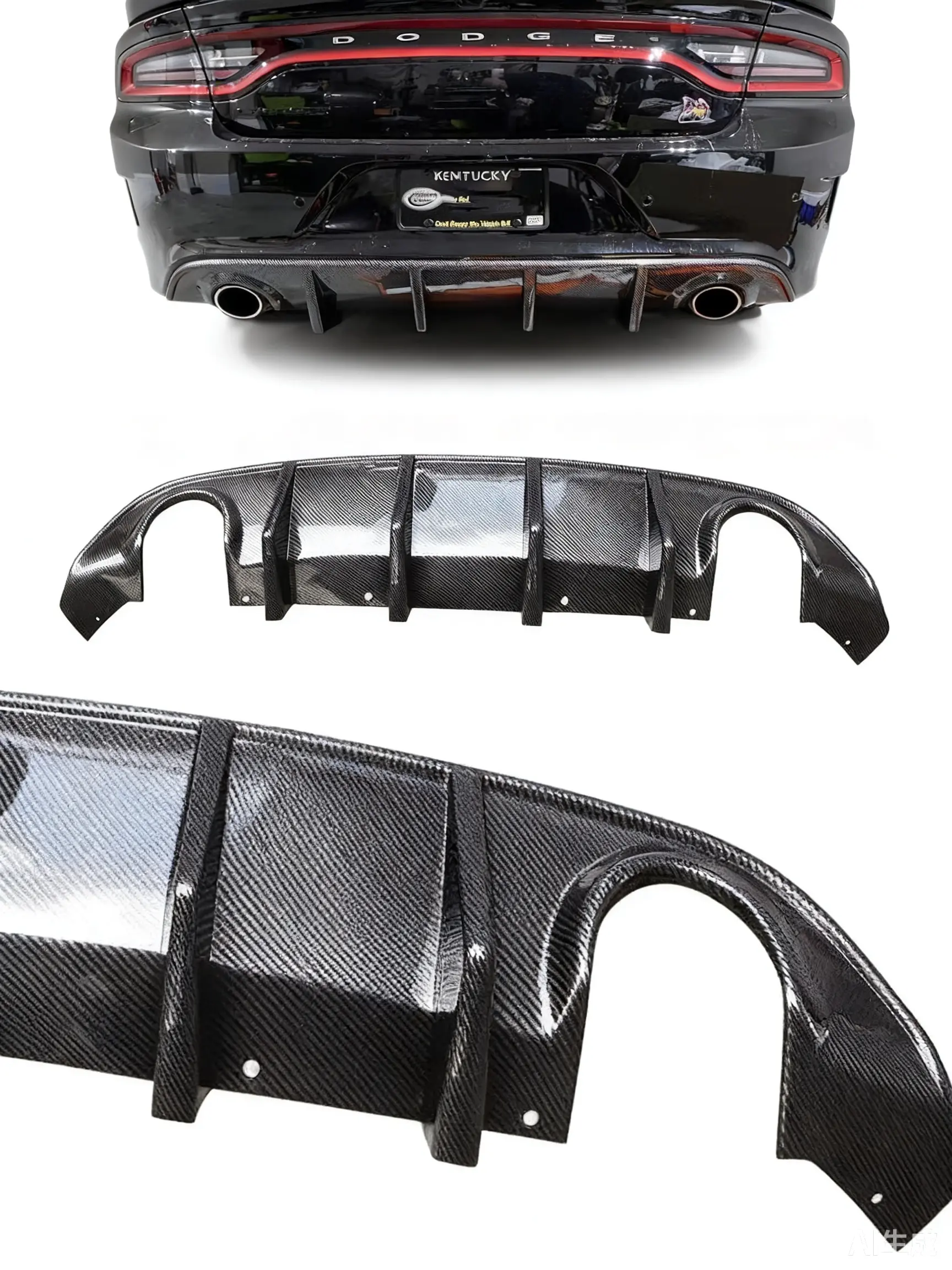 NINTE Premium Vortex Rear Bumper Lip Diffuser for 2015-2024 Dodge Charger SRT GT Non-Widebody, Carbon Fibre-Look PP Material, 5-Fin Aggressive Design, Dual Exhaust Cutout, Airflow Control, Direct Mount, Show Car Presence, Car Exterior Decoration Accessory