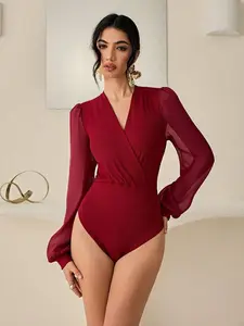 EVO x Chiquease Casual Solid Color Lantern Sleeve Bodysuit, Autumn Fall Cloth For Women