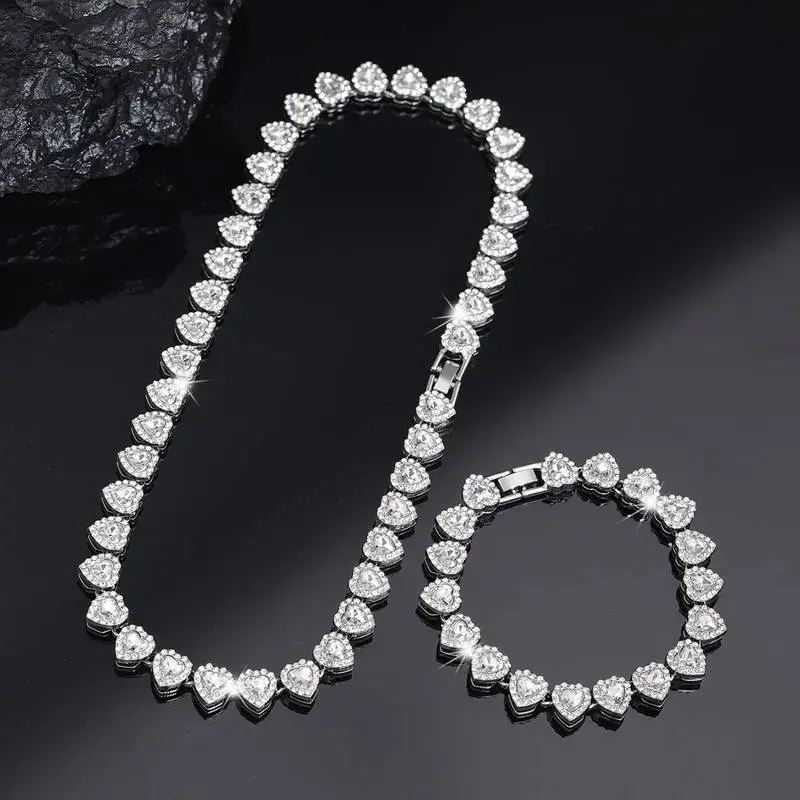 2pcs Set Heart Shaped Cuban Chain Necklace Set for Men Women,Hip Hop Style Choker Set,Luxurious Jewelry Set for Valentine's Day Gifts, Birthday,Everyday & Party Wear, for Teenager#SummerWins