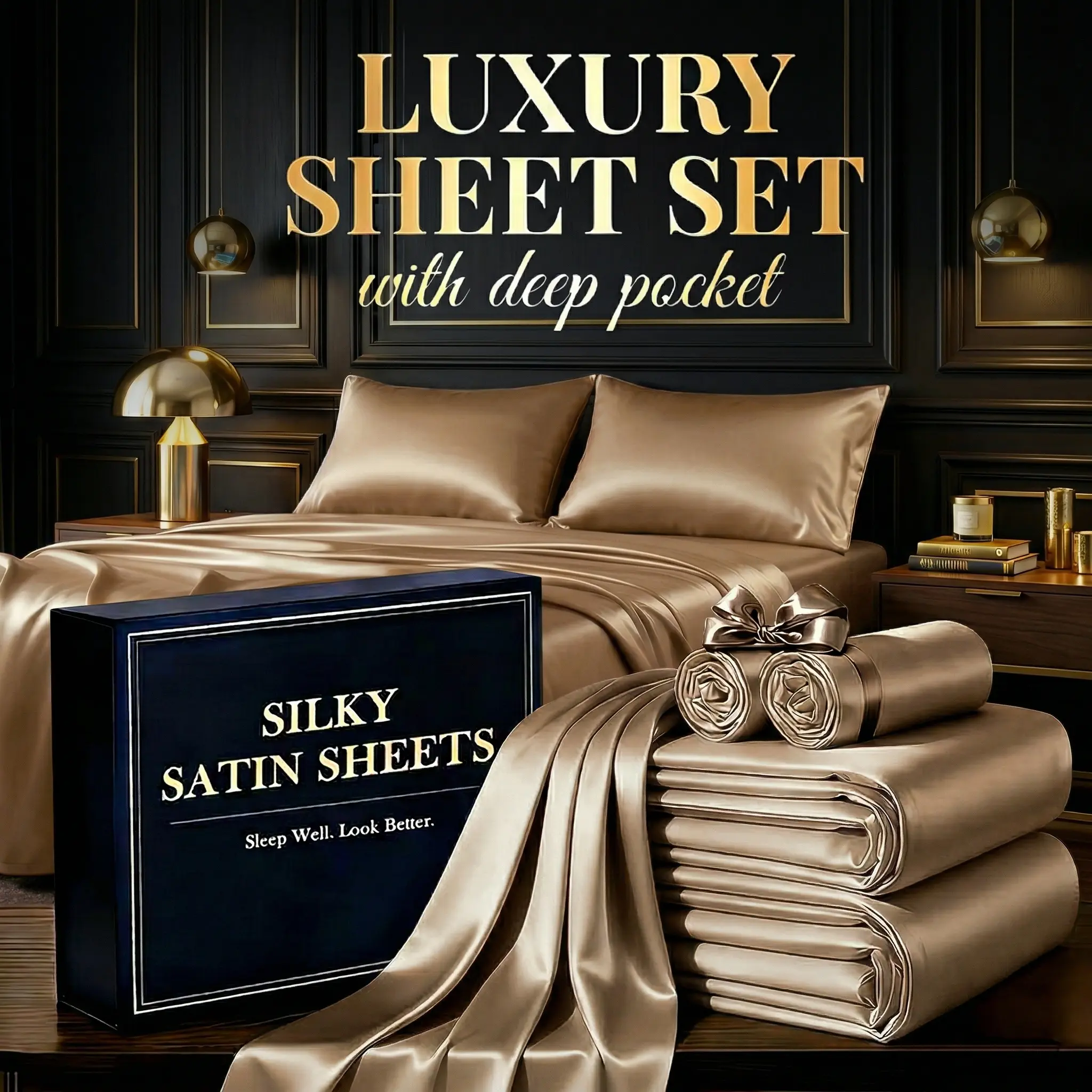 Silky Satin Sheets Set 3/4-Piece – Soft Breathable Bedding, 1 Flat Sheet + 1 Fitted Sheet + 1/2 Pillowcases, Natural Sheen, Wrinkle Resistant, Hotel Style for Home room decor gift