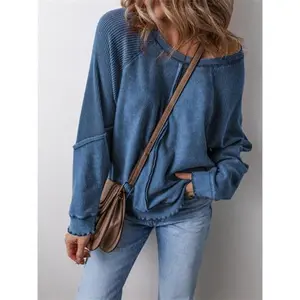 Women's Light Grey Waffled Loose Fit Pullover Sweatshirt - 35% Cotton 65% Polyester Blend, Crew Neck Long Sleeve Casual Streetwear Top for Spring & Fall, Machine Washable