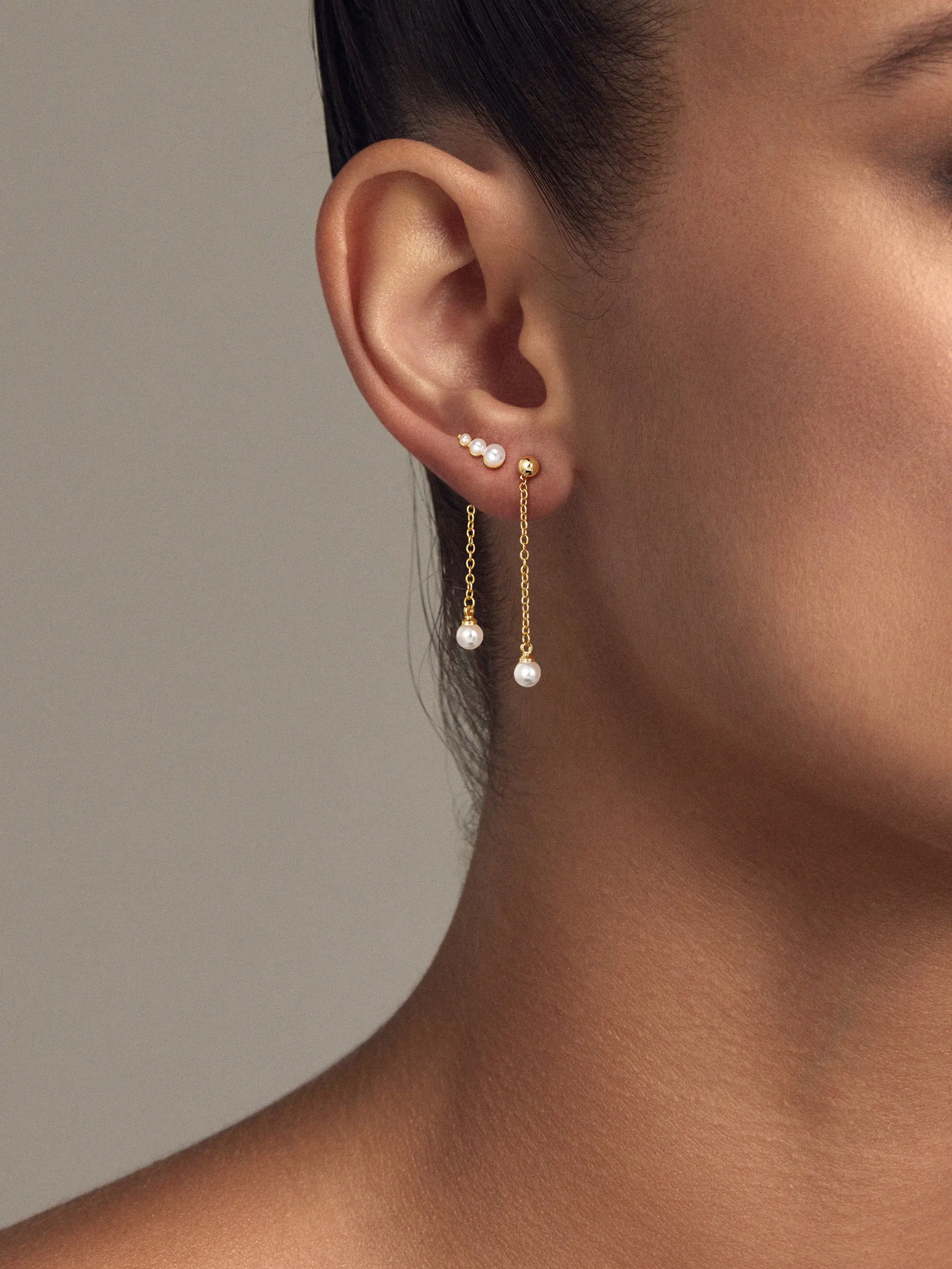 LOYALOVE Gold Pearl Drop Earrings for Women, Asymmetric Long Chain Dangle Earrings, Mismatched Pearl Stud & Ball Stud Earrings, Minimalist Trendy Jewelry Gift for Her