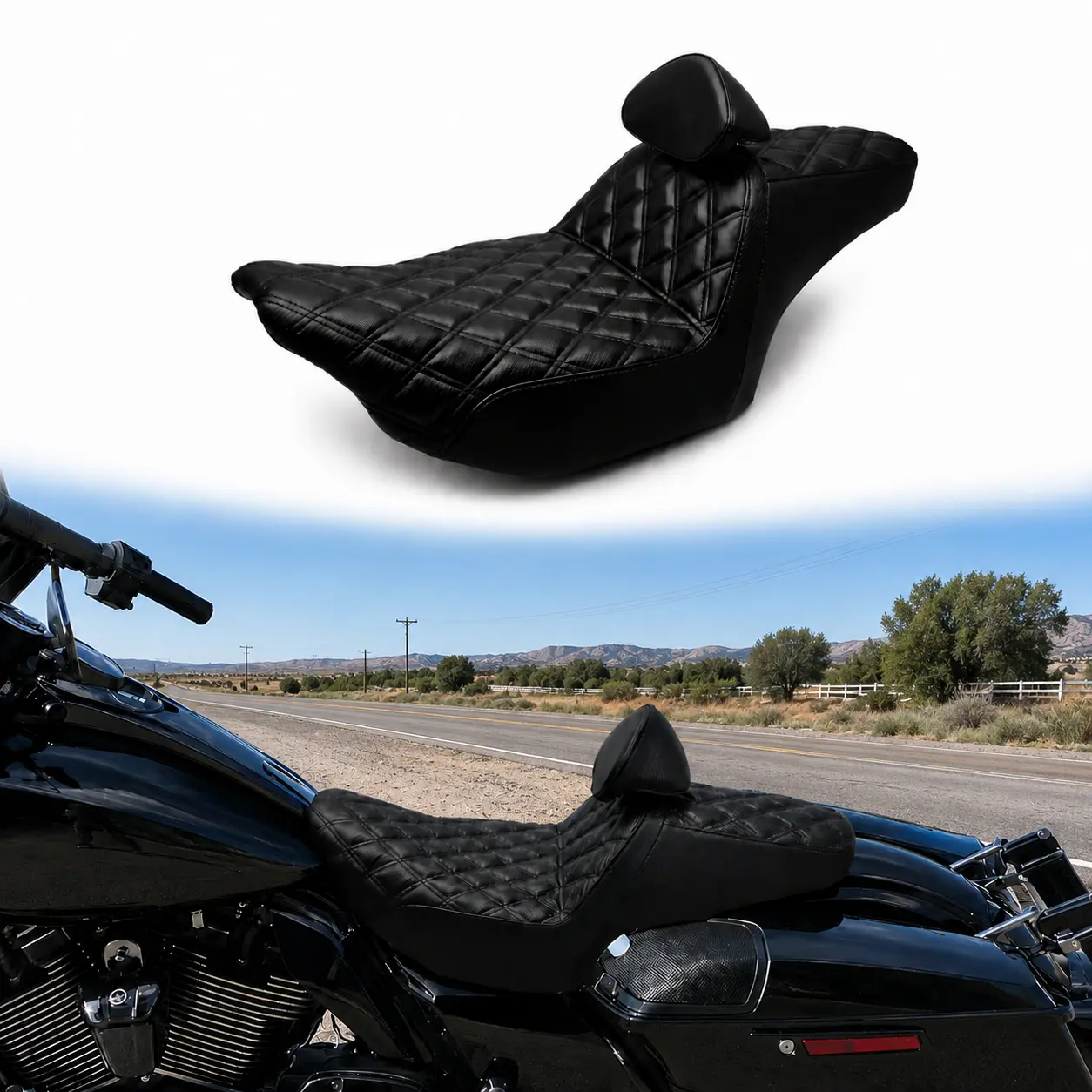Black 1-Piece 2-Up Rider & Passenger Seat with Rider Backrest - Aftermarket Replacement for Harley-Davidson Road Glide, Street Glide 2023-2026 CVO, CVO ST, Ultra, Limited (FLTRXSE, FLTRXSTSE, FLTRX, FLTRXL, FLHXSE, FLHXSTSE, FLHX, FLHXU, FLHXL, FLHXLSE)
