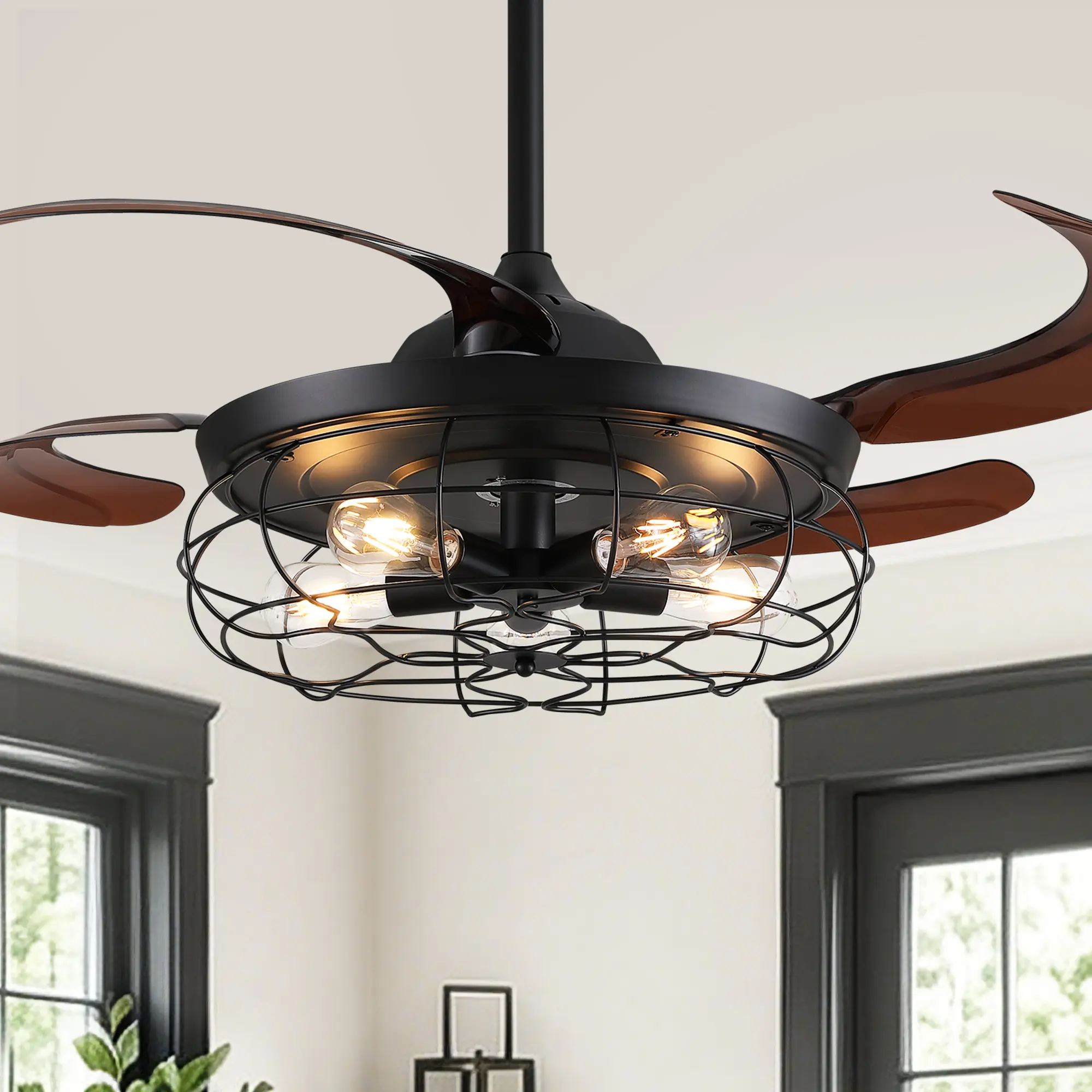 48" Retractable Bladeless Chandelier Ceiling Fan with Lights, Black Caged Industrial Rusty Design, Remote Control, 6-Speed Space-Saving Fan for Bedroom, Living Room, Office, Bladeless Fan