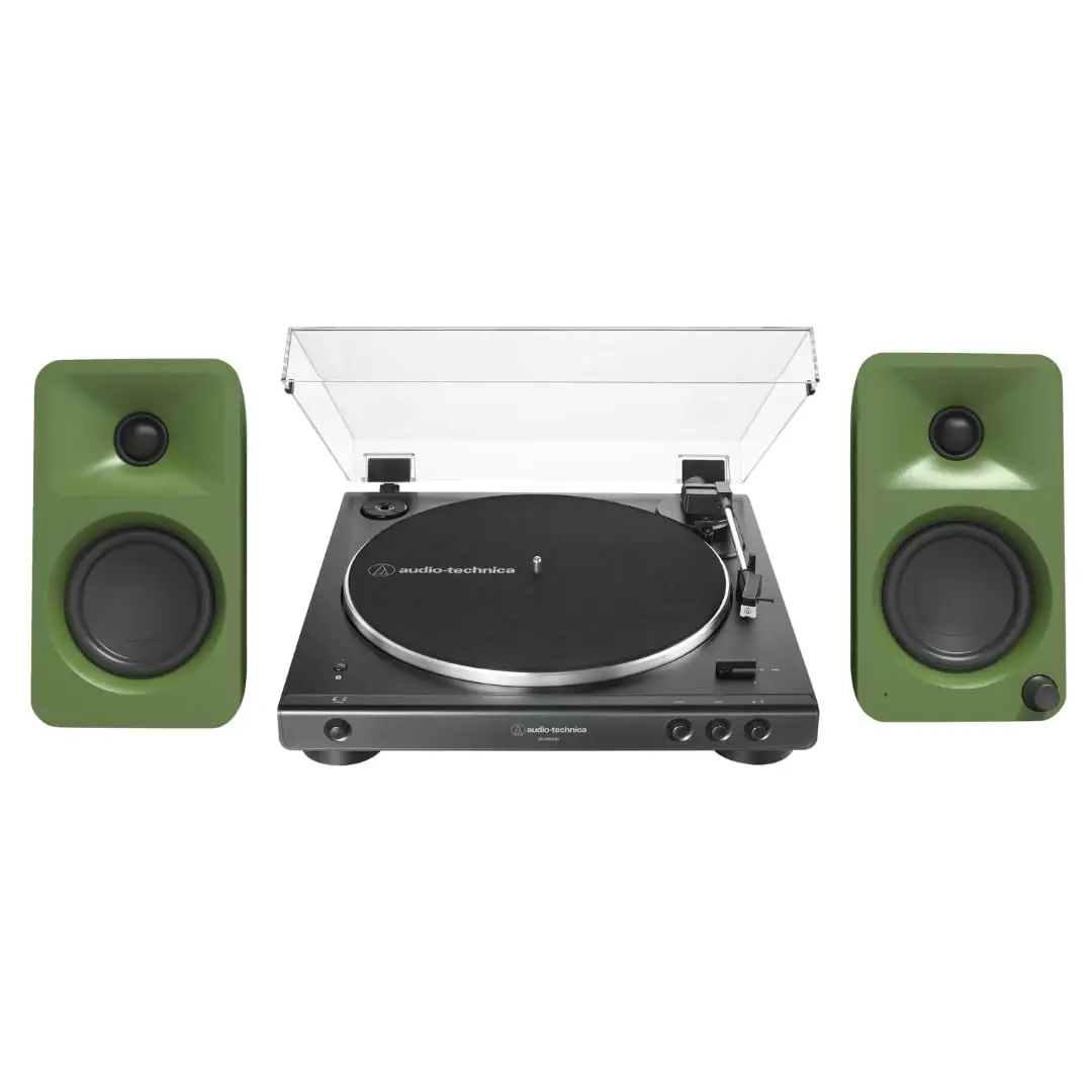 Kanto ORAME 100W Powered Reference Compact Stereo Desktop Audio Speakers (Moss) & 60XBT-BK Fully Automatic Belt-Drive Bluetooth Vinyl Turntable Bundle with USB Type-C, Built-In Amplifiers, Detailed Mids