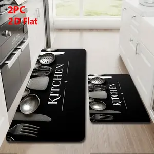 2/3pcs Soft Flannel Kitchen Floor Mat Set, Non-Slip Bottom, Absorbent, Retro Style, Farmhouse Kitchen Rugs, Home Decor for Bathroom, Laundry Room, Hallway,Black