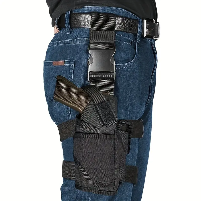Adjustable Right-Hand Tactical Thigh Gun Holster - 600D Polyester, Quick Draw Design, Magazine Pouch, Classic Black, Tactical Equipment, Hunting Field Use Thigh Bag