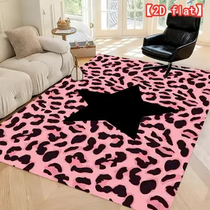 2D flat pink and black leopard print star pattern washable carpet, Animal Print Rug, fashionable and durable, suitable for living room/bedroom/indoor and outdoor entrance, home/hotel/cafe mat, perfect party decoration