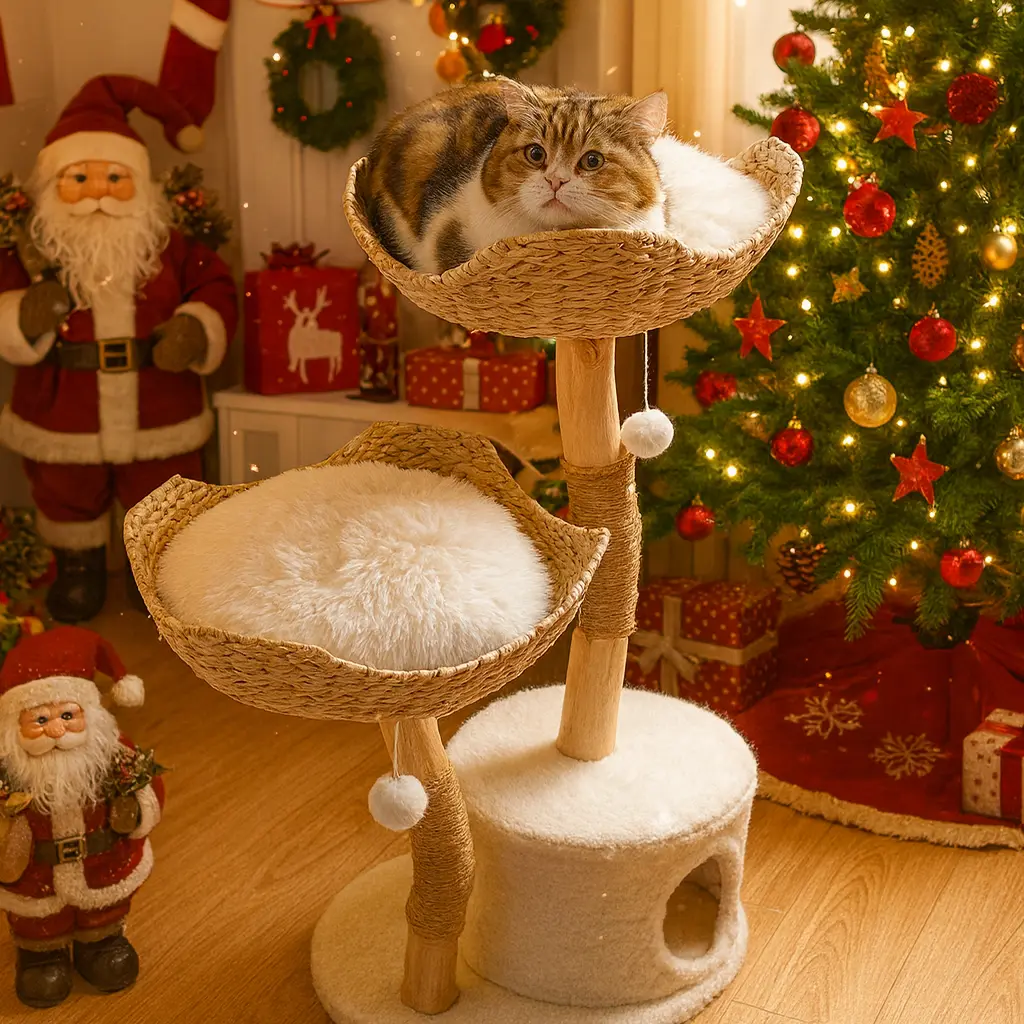 CAMTTIR Natural Wooden Cat Tree Tower – Modern Cat Condo with Dangling Ball, Cozy Baskets, Scratching Posts, for Large Indoor Cats, Solid Wood Aesthetic Pet Furniture(43" Tall)