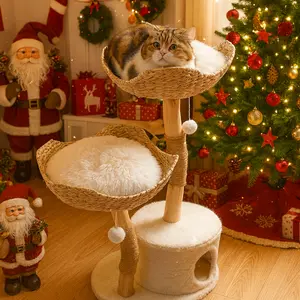 CAMTTIR Natural Wooden Cat Tree Tower – Modern Cat Condo with Dangling Ball, Cozy Baskets, Scratching Posts, for Large Indoor Cats, Solid Wood Aesthetic Pet Furniture(43" Tall)
