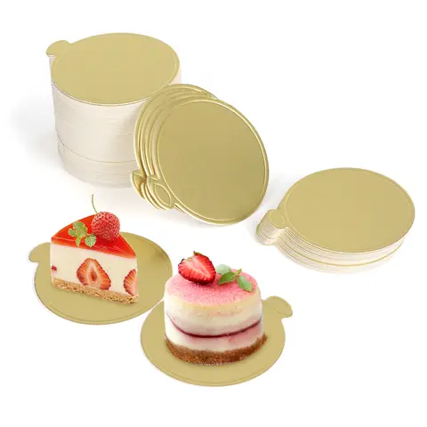 100 Pcs 3.5in Round Golden Mini Cake Boards - Disposable Food-Grade Tableware Supplies, Party Supplies, Handle Grip, Eco-Friendly Cake Decorations, Birthday Dessert Display Base for Baby Shower, Christmas