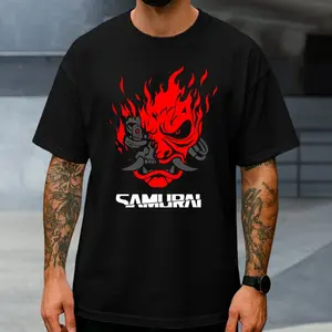 Samurai Demon Mask Cyberpunk Edge Japanese Streetwear Graphic T-Shirt