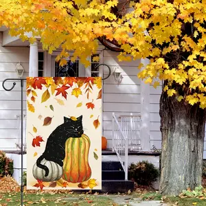 Autumn Cat Garden Flag, Thanksgiving Maple Leaf Pumpkin Yard Banner, Seasonal Outdoor Decoration, Double-Sided Jute Cloth, 12x18 Inch