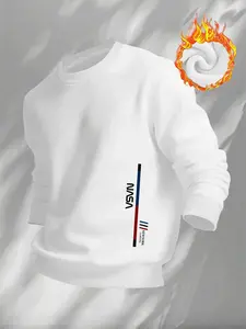 NASA Minimalist Side Printed Wool Lined Warm Sweatshirt - White Round Neck Warm Winter Casual Hoodie, Red/Blue/Black Striped NASA Pattern Hoodie, Perfect Gift for NASA Fans and Cold Weather Casual Wear Enthusiasts