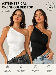 2-Pack Asymmetrical One Shoulder Tops – Aesthetic Ruched Bodycon Cami, Trendy Subversive Basic Slanted Hem Vest for Clubbing | Sexy Black & White Tank Bundle
