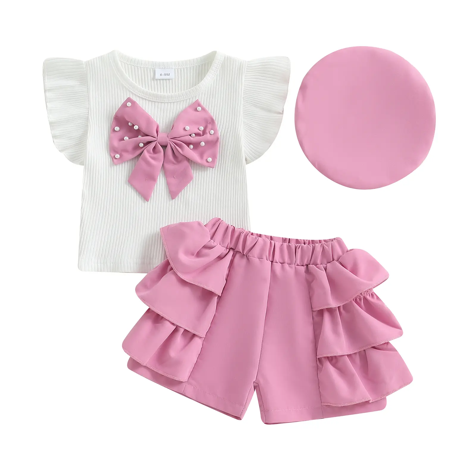 Toddler Girl Summer Clothes Big Pearl Bow Flutter Sleeve Round Neck Tops + Ruffled Shorts + Beret 3 Piece Gift Set