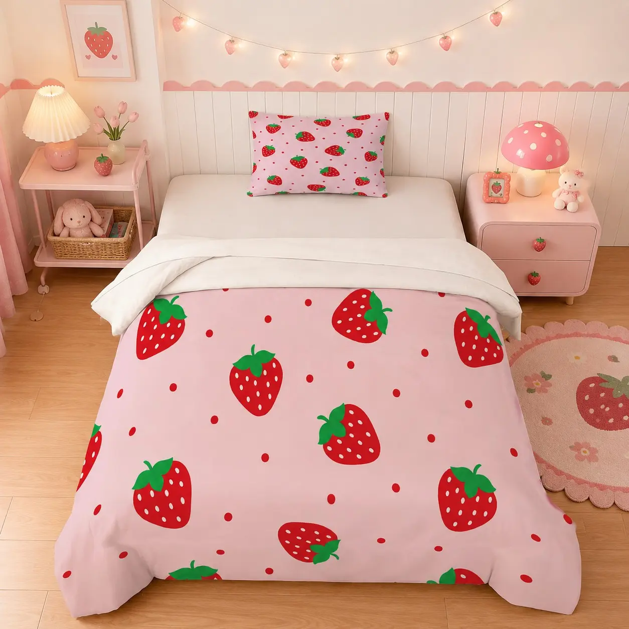 2/3 Pcs Strawberry Heart Floral Duvet Cover Set, No Pillow Insert or Comforter Insert, 1 Duvet Cover and 1/2 Pillowcases, Gift for Valentine's Day Birthday Housewarming Friends Couples Bedroom Dorm
