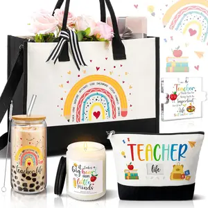 Teacher Appreciation Gift Set Thank You Teacher Gift Basket from Student for End of Year Include Tote Bag Makeup Bag Piece of Puzzle Lavender Scented Candle 16 oz Glass with Lid Straw and Brush