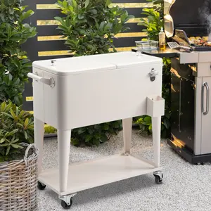 Large Capacity Rolling Insulated Ice Chest Cart 80QT Rectangular Plastic Box Milk White Color Outdoor Patio Cooler Storage