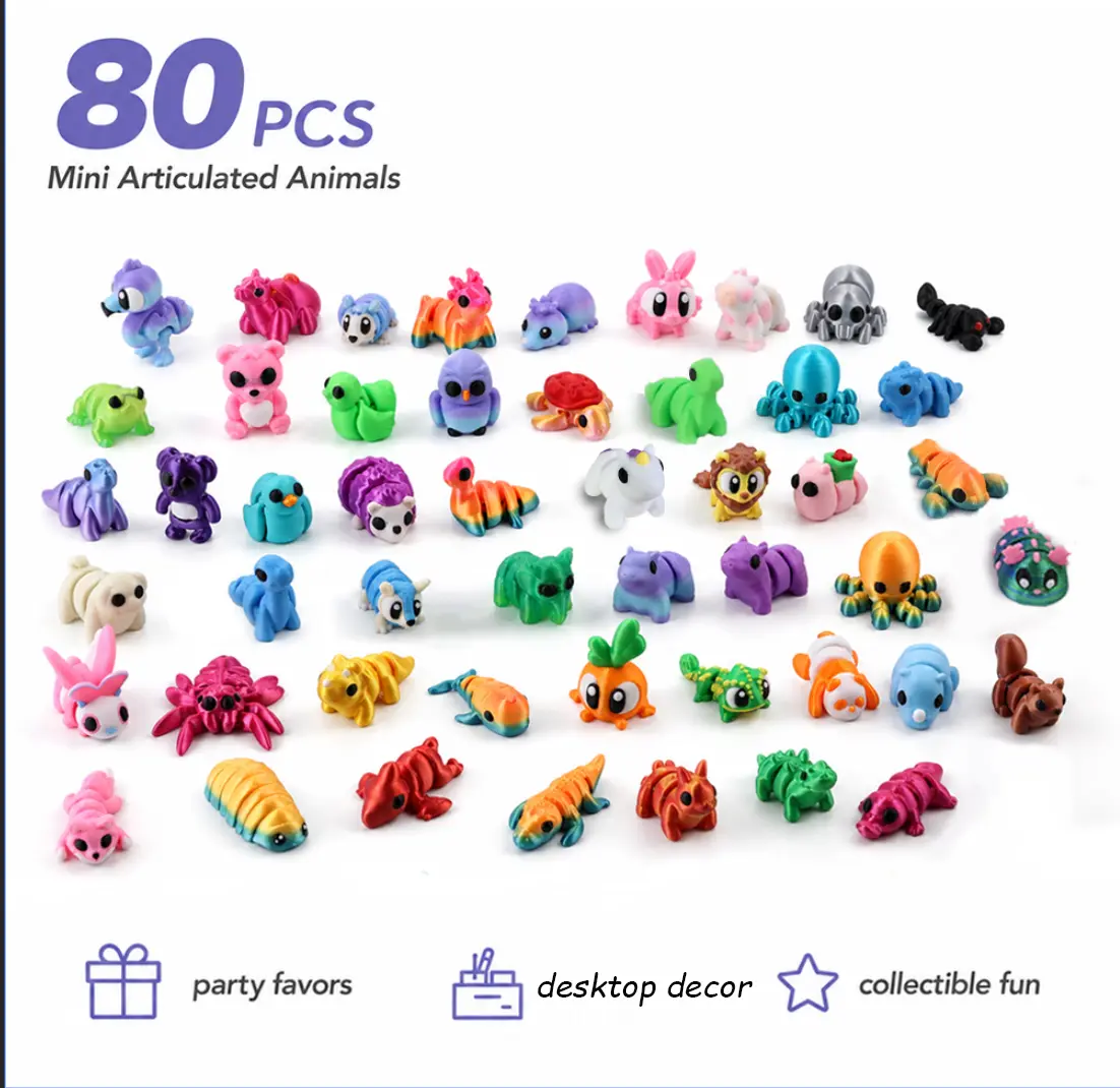80 Pcs 3D Printed Articulated Mini Animal Figurines - Multi-Color Jointed Creatures Set with Clear Storage Box for Home Decor & Collection (Desktop Display Ornament)