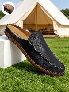 Men's Mules Breathable Lightweight Whipstitch Cowhide Leather Backless Loafers Slip-On Flat Casual Shoes Minimalist Summer Black Brown Genuine Leather for Office Casual Wear Big Size11 12 13 14 15