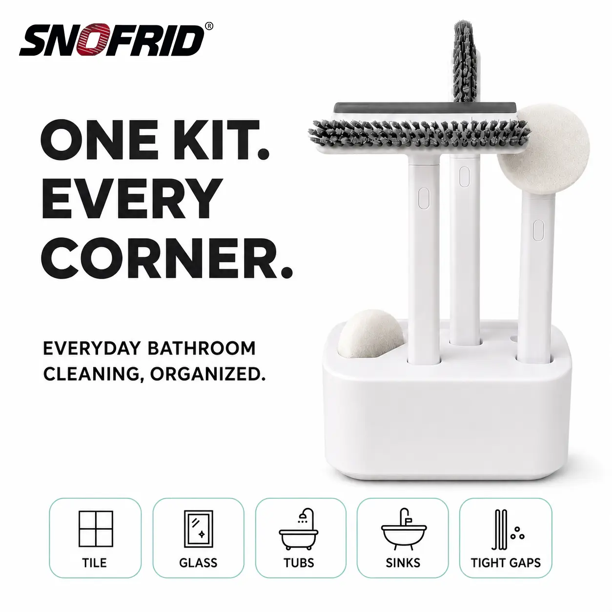 Snofrid 7-Piece Bathroom Cleaning Set with Storage Holder, Multi-Purpose Shower Scrubber Kit with Squeegee, Sponge Pad, Crevice Tool and Tweezers for Tub, Tile, Grout, Sink and Glass