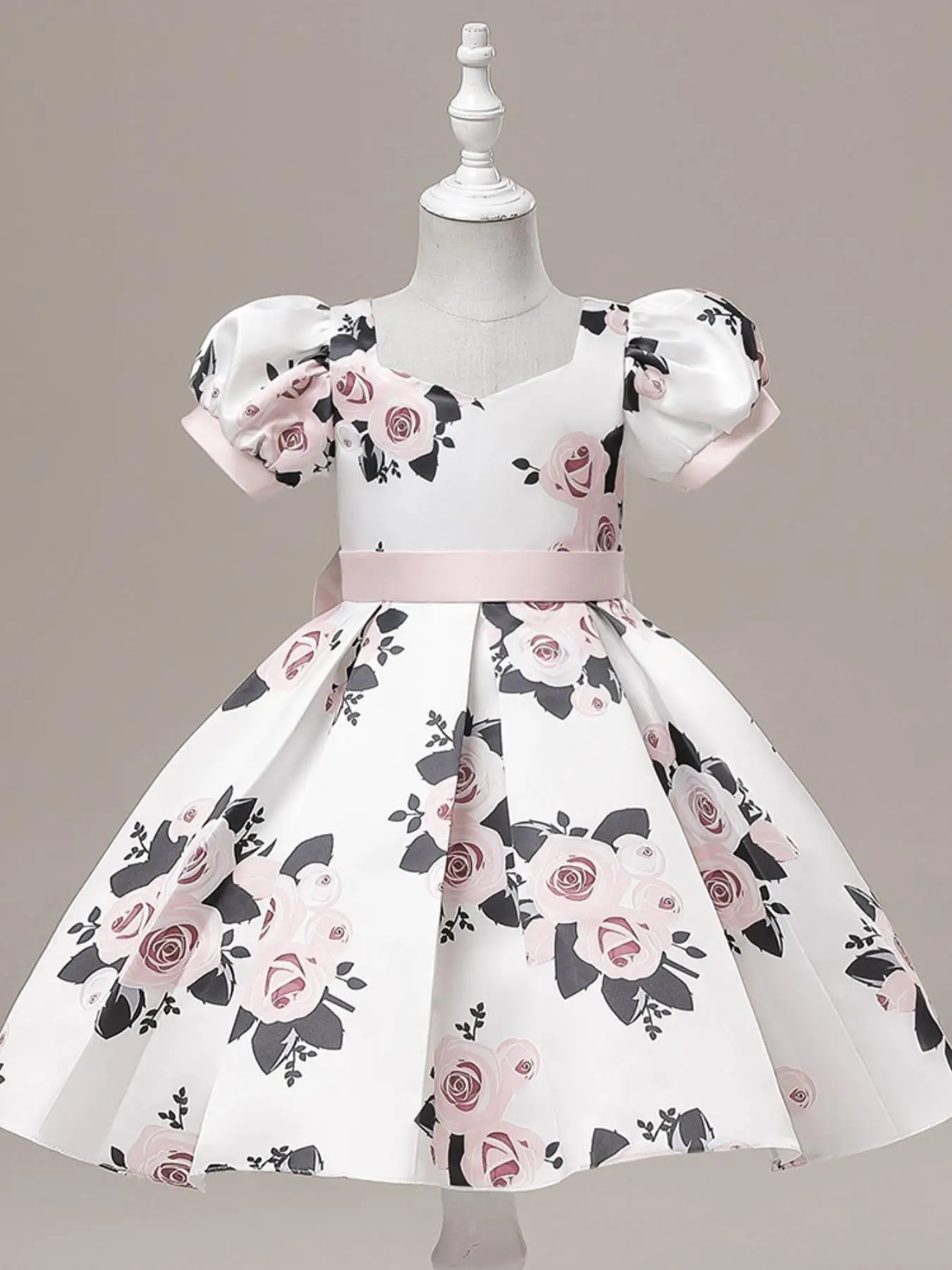 Girl's Floral Print Puff Sleeve Satin Pleated Dress With Bow Back Design, Sweetheart Neck Princess Dress For Party Holiday Vacation, Kids Summer Cloth