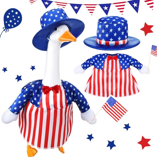 4th of July Porch Goose Outfits for 23'' Cement Plastic Porch Goose Statue, Memorial Day Patriotic Porch Goose Clothes with Flag Star Red Blue White Strip Porch Goose Costume for Independence Day Summer Outdoor Lawn Yard Garden Porch Decor