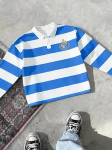 Men's Long Sleeve Polo Shirt with Classic Blue Stripes, Geometric and Vintage Badge, Comfortable Loose-Fitting Casual Style for Everyday and School Wear