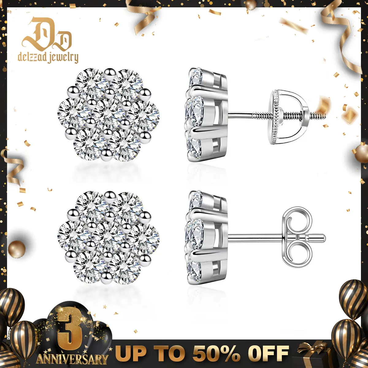 Delzzad S925 Floral Stud Earrings Flower Lab-Created Moissanite Stud Earring Screw Back/Butterfly Back Moissanite Jewelry Perfect Birthday Mother’s Day Unisex Christmas Gift for Men Women Wedding Set