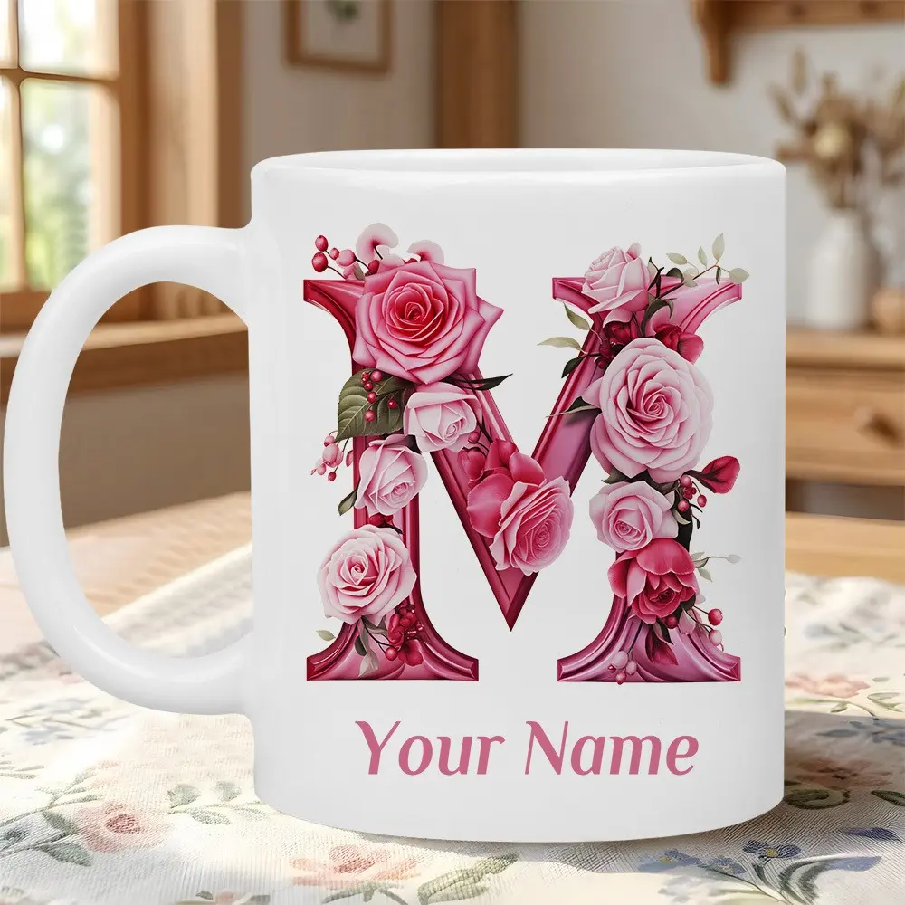 1pc Customizable Initial M Floral Rose 11oz Ceramic Mug, Personalized Monogram Coffee Cup, Dishwasher Safe, Perfect for Hot/Cold Drinks, Great Custom Gift for Her