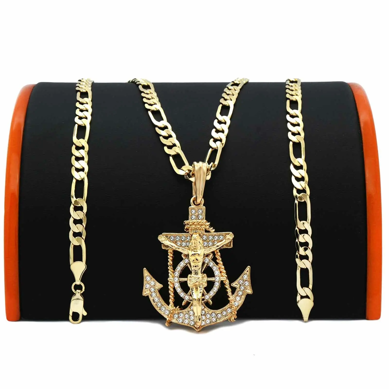 MaxBling81 Jesus Anchor Cuban Chain Pendant, 14K Stamped 5mm Brass Figaro Chain (20" or 24") Hip Hop Jewelry, Fashion Costume Necklace Accessory