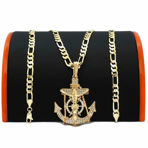 MaxBling81 Unisex Faith Style Jesus Anchor Pendant Necklace with 14K-Stamped 5mm Brass Figaro Miami Link Chain (20" or 24"), Glossy Fashion Costume Jewelry, Daily Chain and Link Accessory