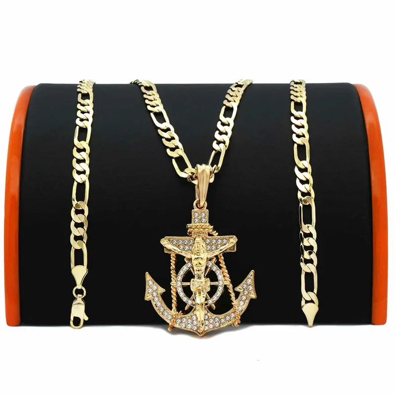 MaxBling81 Unisex Faith Style Jesus Anchor Pendant Necklace with 14K-Stamped 5mm Brass Figaro Miami Link Chain (20" or 24"), Glossy Fashion Costume Jewelry, Daily Chain and Link Accessory