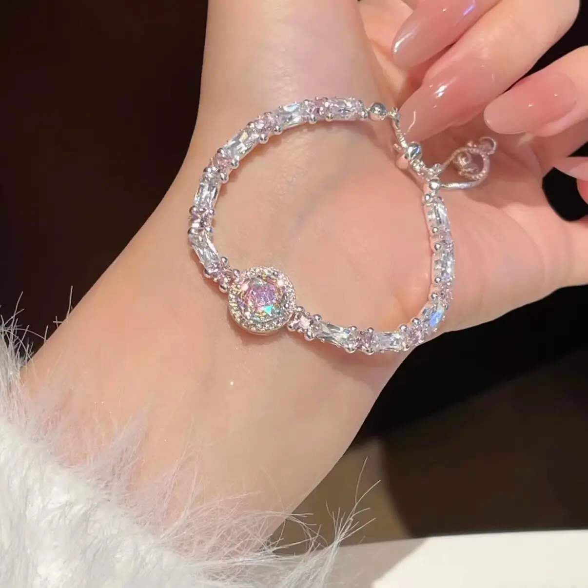 Women Sparkling Rose‑Cut Multicolor Pink Zircon Bracelet Silver Plated Adjustable Pull Chain Bracelet Dainty Luxury Cubic Zirconia Bangle Elegant Wedding Party Daily Wearing Jewelry Gift For Her