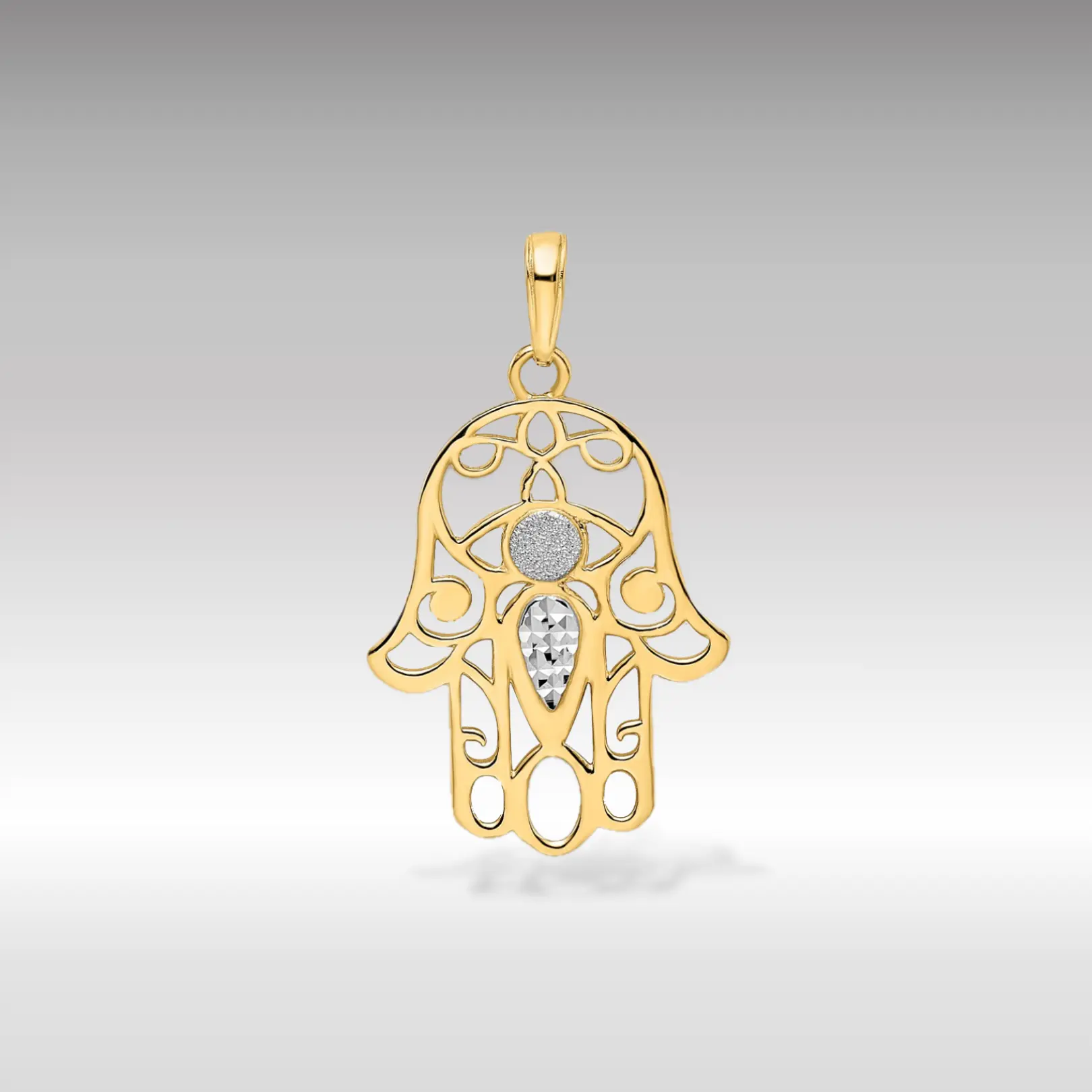 14K Gold Large Diamond-Cut Hamsa Evil Eye Pendant - Model M2941