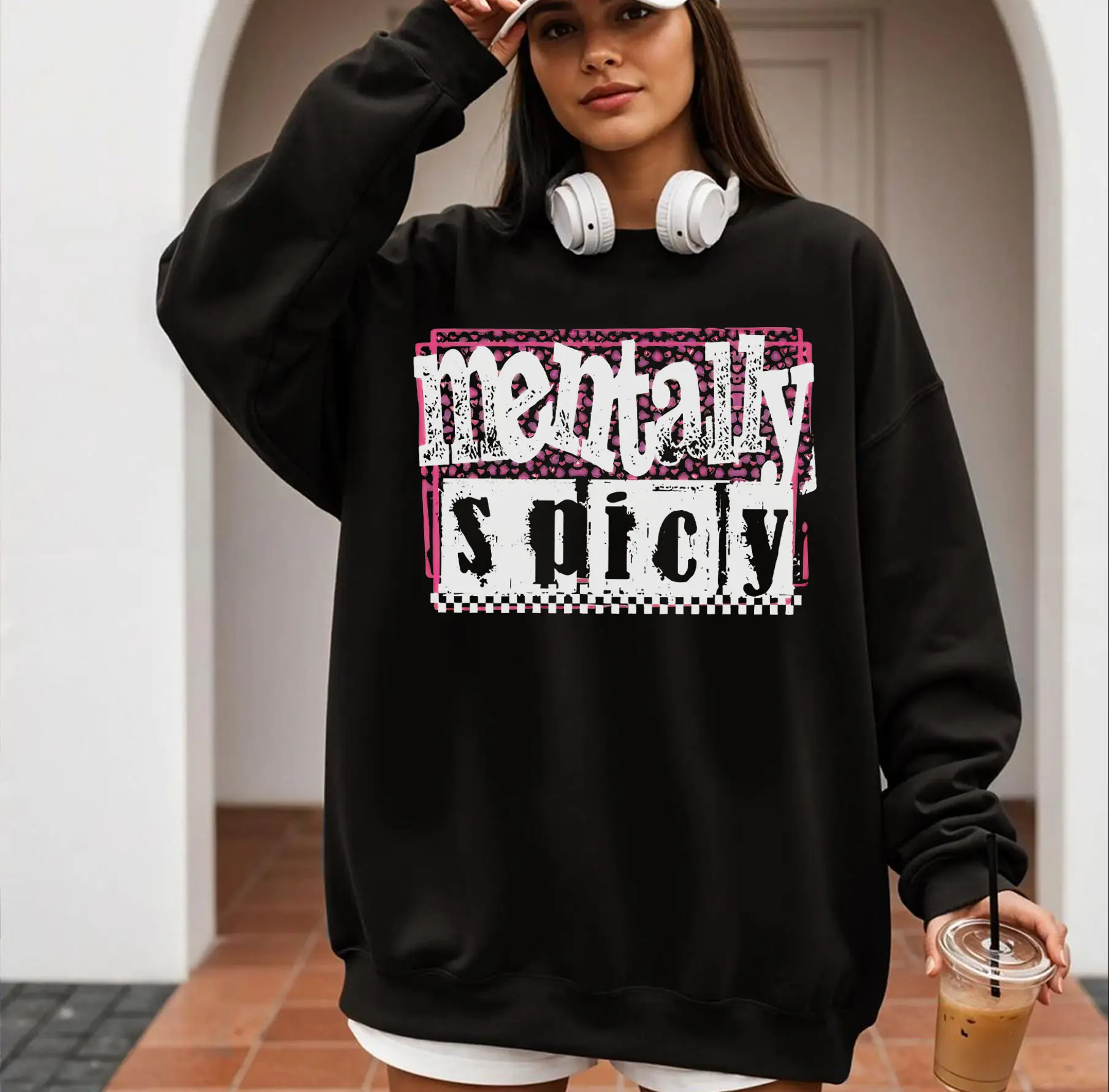 Women's Cotton Fitted Casual Long Sleeve Sweatshirt - Lady's Printed Clothes, Mentally Spicy Snarky Sarcastic Retro Checkered Top, Sassy Mom Mother's Day Mental Health Gift