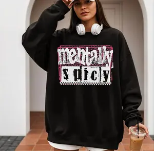 Women's Fitted Casual Long Sleeve Sweatshirt - Mentally Spicy Snarky Sarcastic Retro Checkered Fabric Top, Sassy Mom Tee, Mother's Day Mental Health Gift