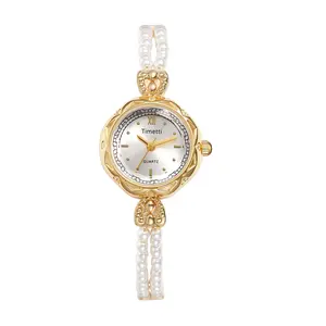 Bracelet Watches for Wommen: Quartz Analog Pearl Bracelet Strap Small Round Case Dot Markers Ladies Petite Wristwatch