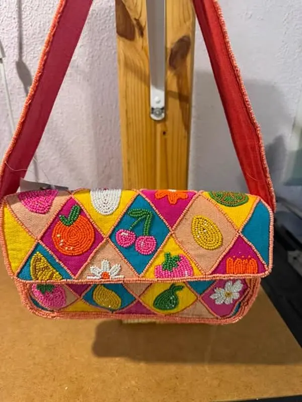 Hand-Beaded Fruit Patchwork Shoulder Bag with Colorful Geometric Design