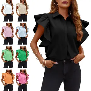 Imily Bela Women's Collared Fitted Ruffle Button-Down Blouse - Polyester Shortsleeve Clothes, Minimalist Basic Cute Summer Top