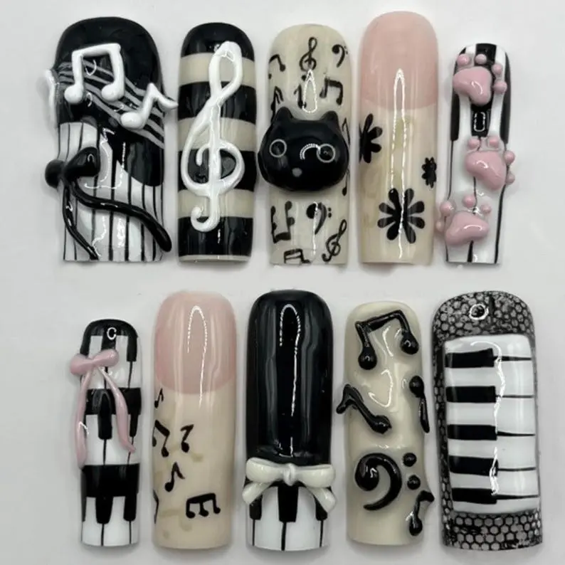 S135 Nailed by Vibe-Black & White Piano Cat Press-On Nails, 3D Musical Notes & Kitty Accents, Nude & Monochrome Theme, Artistic Music Lover Vibes, Handmade Custom Nail Art, Gifts for Her