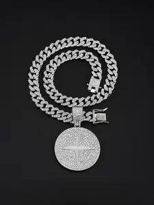 Hip Hop Star Burst Round Pendant Necklace, Alloy Cuban Link Chain with Zircon, Street Style Party Jewelry, Trendy Hip Hop Accessories