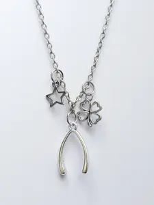 Vintage Wishbone Necklace, Lucky Four-Leaf Clover Star Pendant, Retro Alloy Elegant Collar Jewelry Gift, Unique Fashion Accessory, Necklace Chain